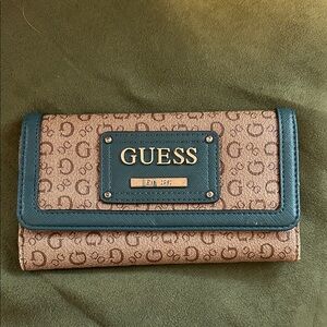 Guess Brown Monogram Wallet with Teal Accent